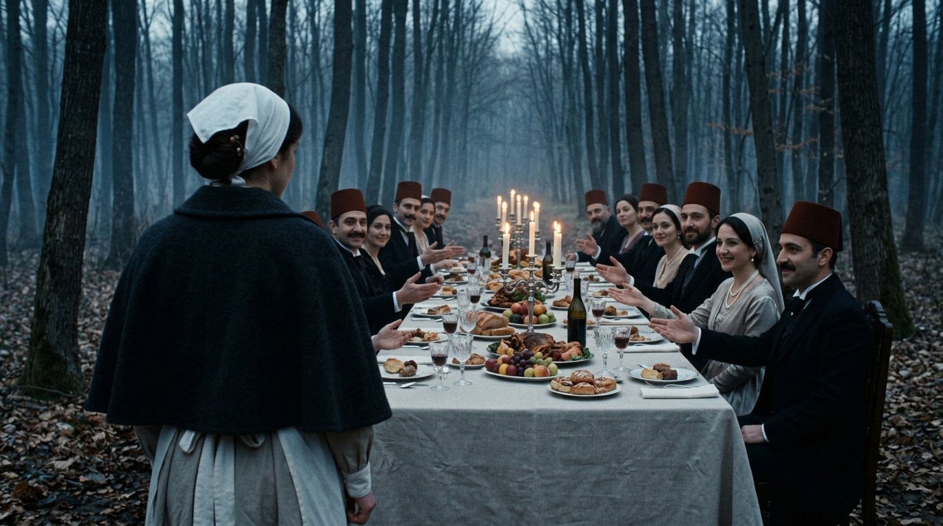 Ormanda kurulmuş ziyafet sofrası